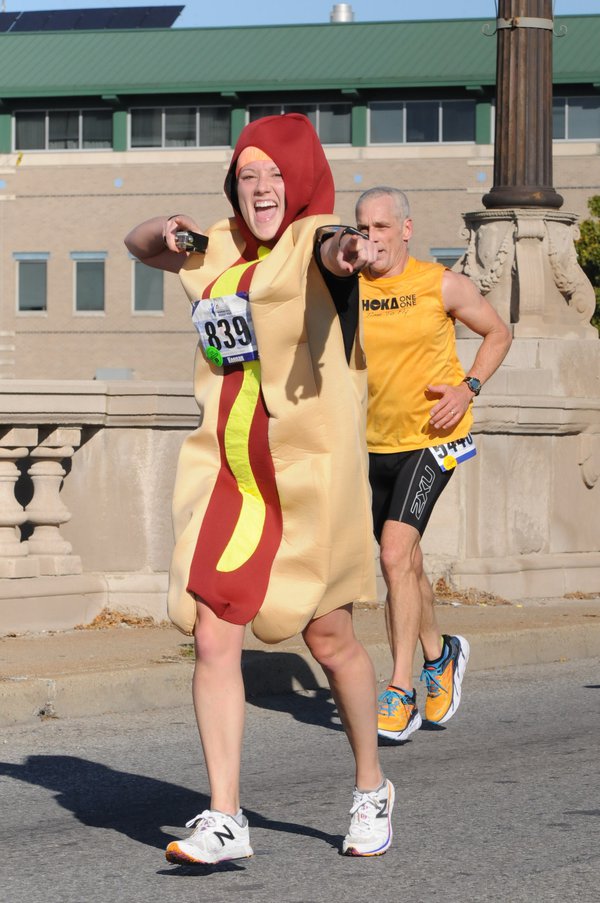 Kati Keenan achieved a world record for her speed completing a marathon while dressed as a hot dog. Photo by Marathonfoto.jpeg