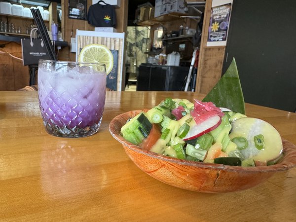 Cucumber salad and Purple Rain cocktail.jpg